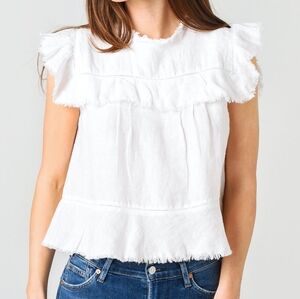 Faherty 100% Linen Willena Top Frayed Hem Square Bib Detail Button Back White XS